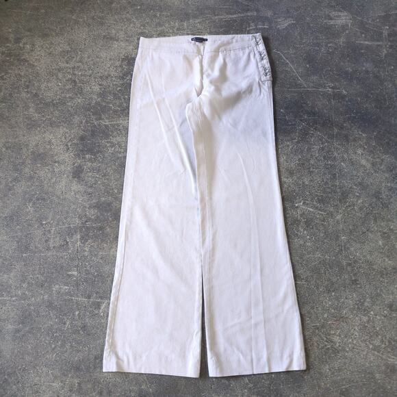 Armani Exchange Linen Flare Pants Womens 8 White Cream Trouser Side Buckle - Picture 1 of 9
